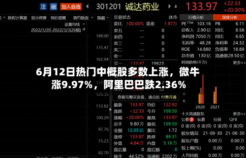 6月12日热门中概股多数上涨，微牛涨9.97%，阿里巴巴跌2.36%-第2张图片