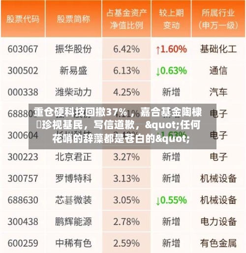 重仓硬科技回撤37% ，嘉合基金陶棣溦珍视基民，写信道歉	，"任何花哨的辞藻都是苍白的"-第2张图片
