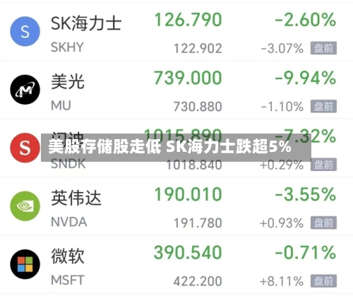 美股存储股走低 SK海力士跌超5%