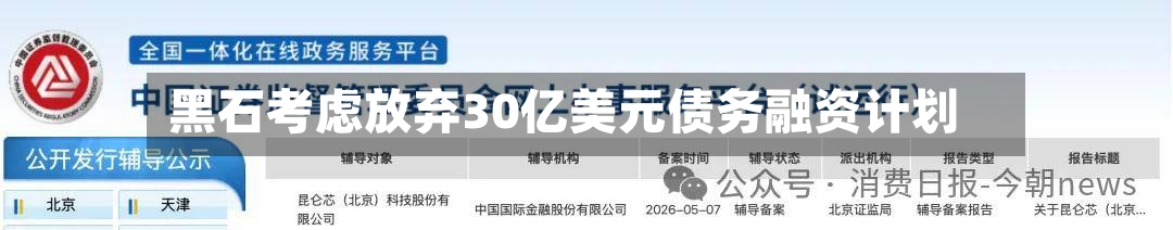黑石考虑放弃30亿美元债务融资计划